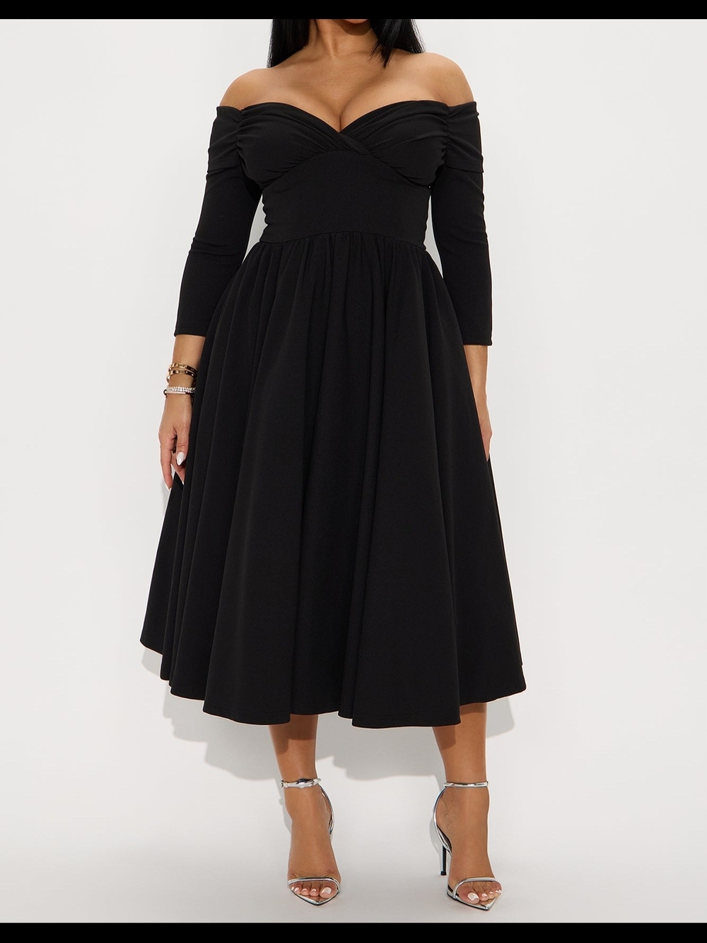 Off-Shoulder Black Midi Dress